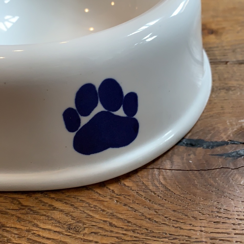 Ceramic Pet Bowl White/Ivory w/ Blue Paw Prints